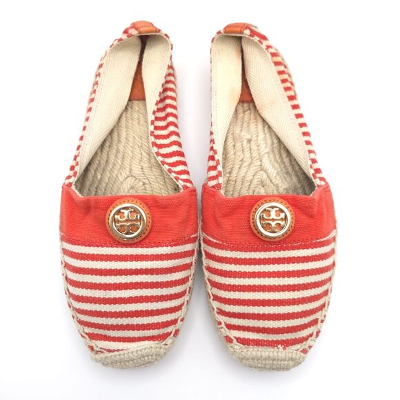 Tory Burch Striped Canvas Espadrilles Red Cream Logo Round Toe Flat Shoes 8